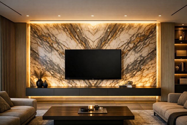 شکوه در نقطه کانونی؛ راهنمای انتخاب سنگ طبیعی برای تیوی وال (TV Wall) لوکس